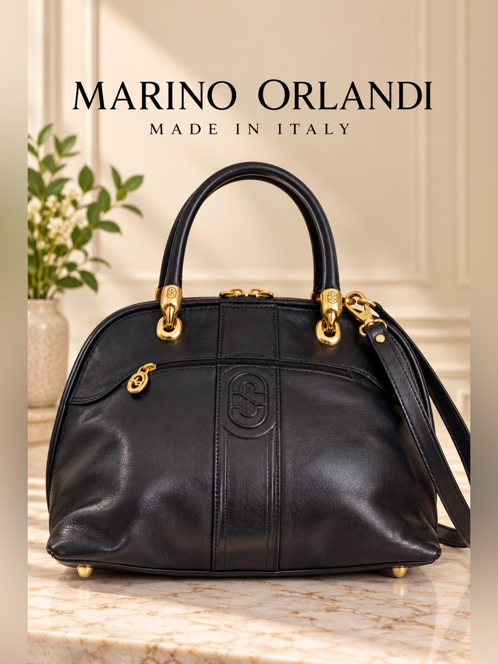 Marino Orlandi Vintage Italian Black Leather Gold Hardware Satchel Crossbody
